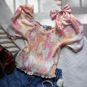 Good Luck Gem | S — smocked pink and orange blouse